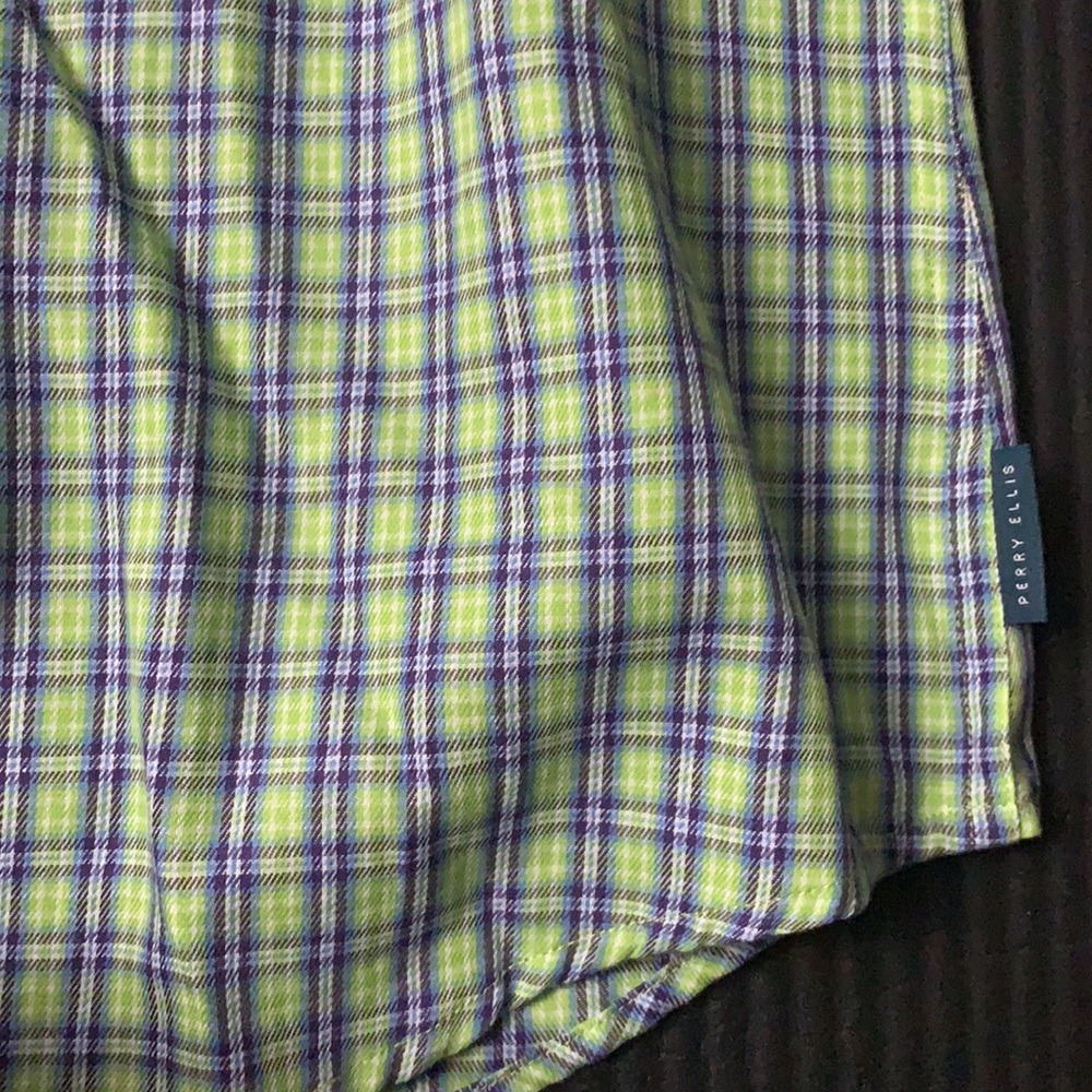 Perry Ellis Checkered Plaid Slim Button Down Green Purple - Picture 7 of 8